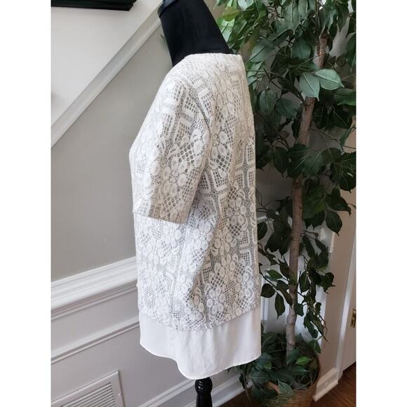 Anthropologie Pleione White Floral Nylon Round Neck Short Sleeve Blouse Large - Picture 6 of 12